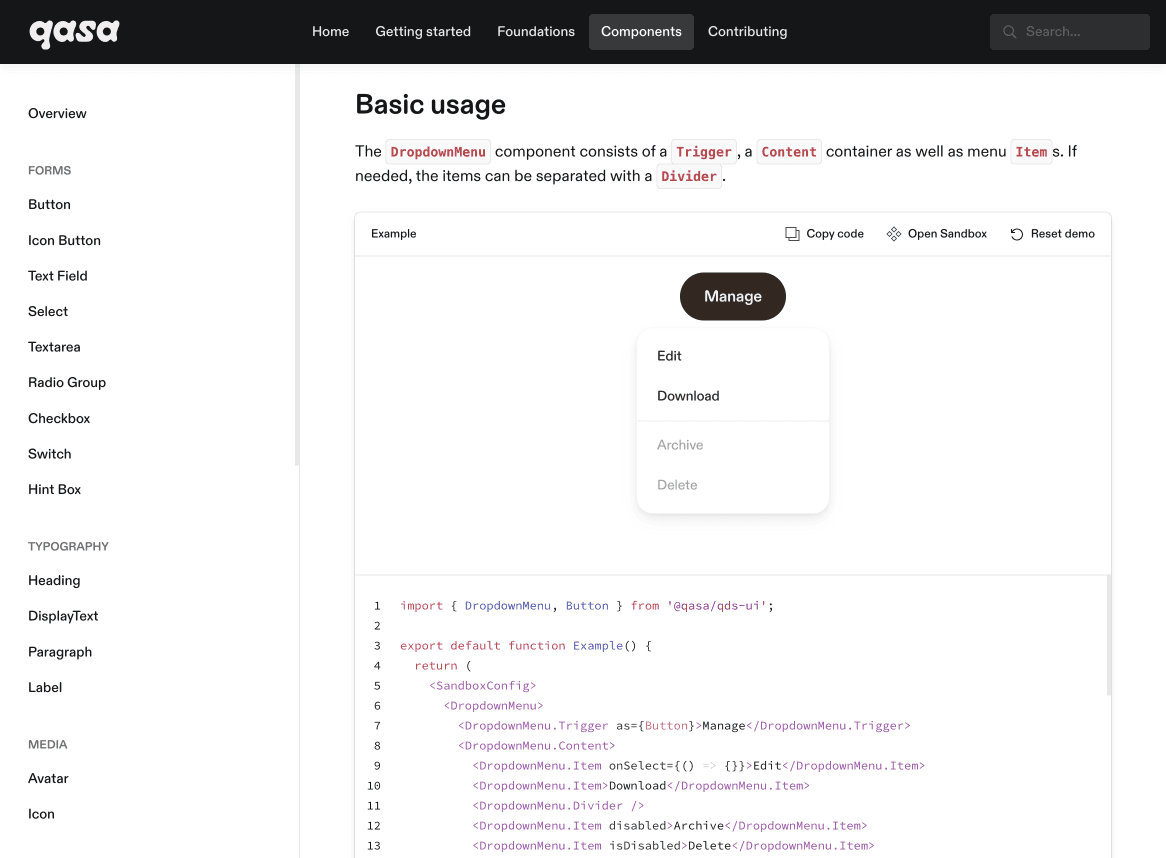 qasa Design System documentation preview
