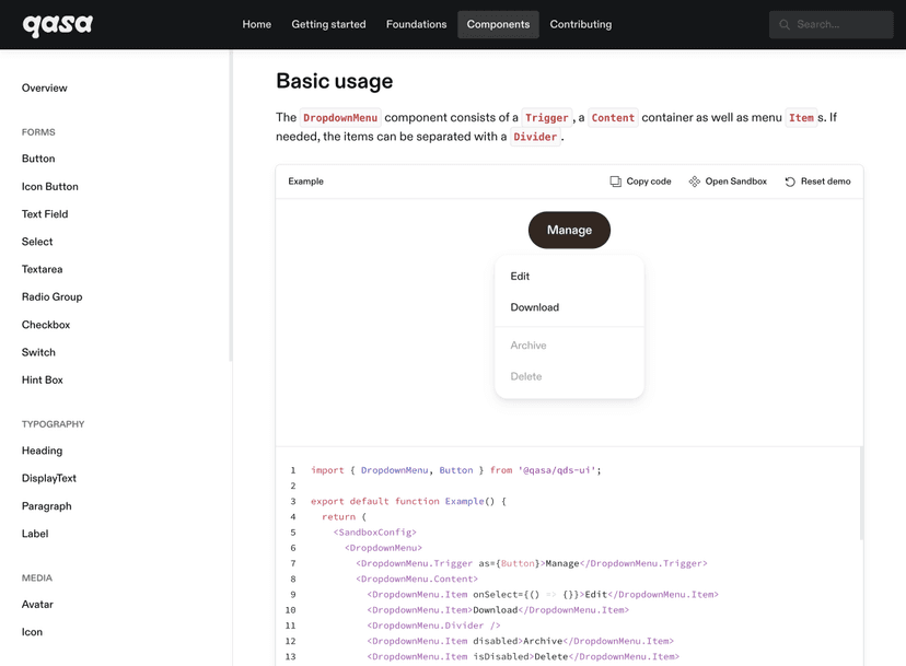 qasa Design System documentation preview