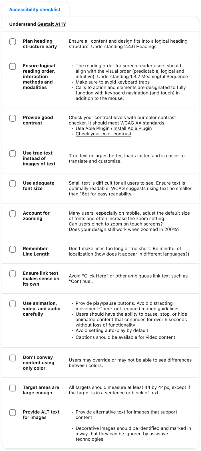 Design A11y checklist visual sample.