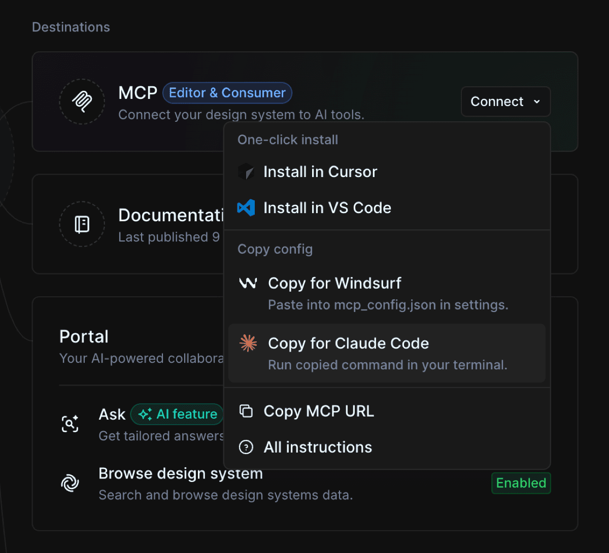 The Connect menu, offering one-click install for Cursor and VS Code and copyable config for Windsurf and Claude Code