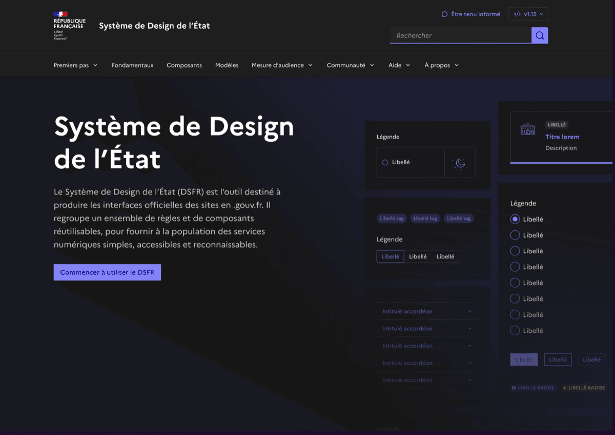 The DSFR homepage, the French state's design system
