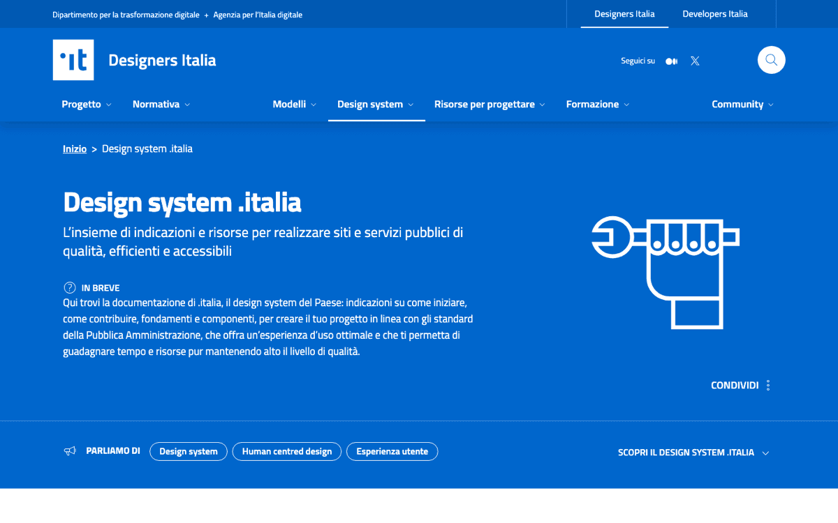 The Design system .italia homepage on Designers Italia