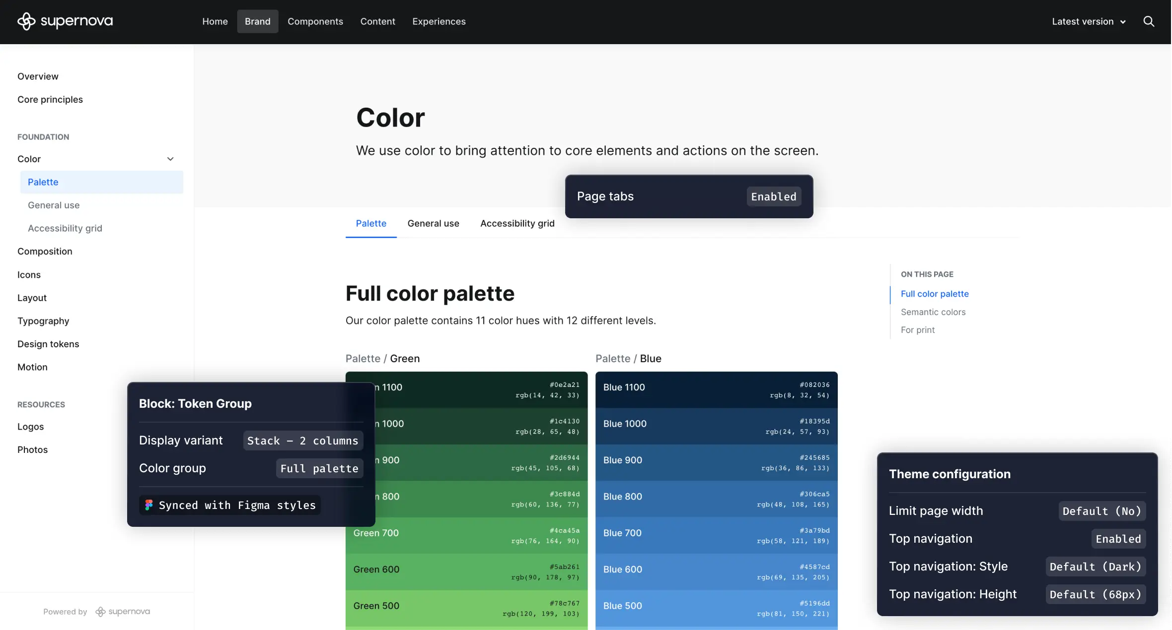 A Supernova documentation screen showing different design token color palettes.