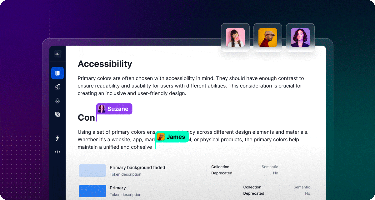 A gif showing Supernova's design system documentation with real-time multiplayer.